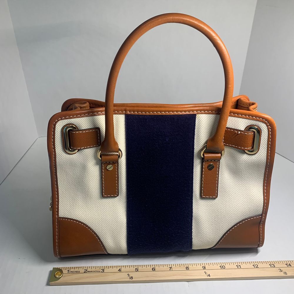 Michael Kors Hamilton Satchel Navy and Cream Stripe Canvas/Leather Shoulder Bag - Picture 3 of 16